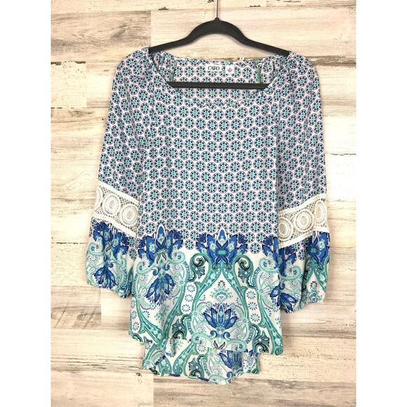 Cato Women’s M Blue White Lace Lightweight Long Sleeve Boho Blouse Top - Picture 1 of 6